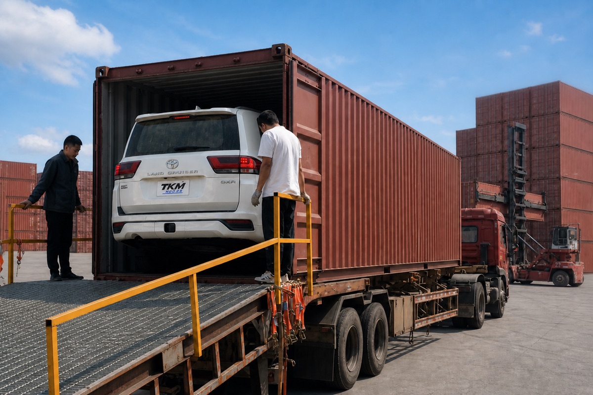 Vehicle being loaded into a shipping container.