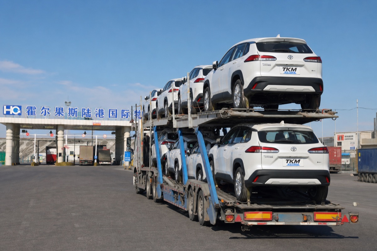 Vehicles carried on an overland transport vehicle.