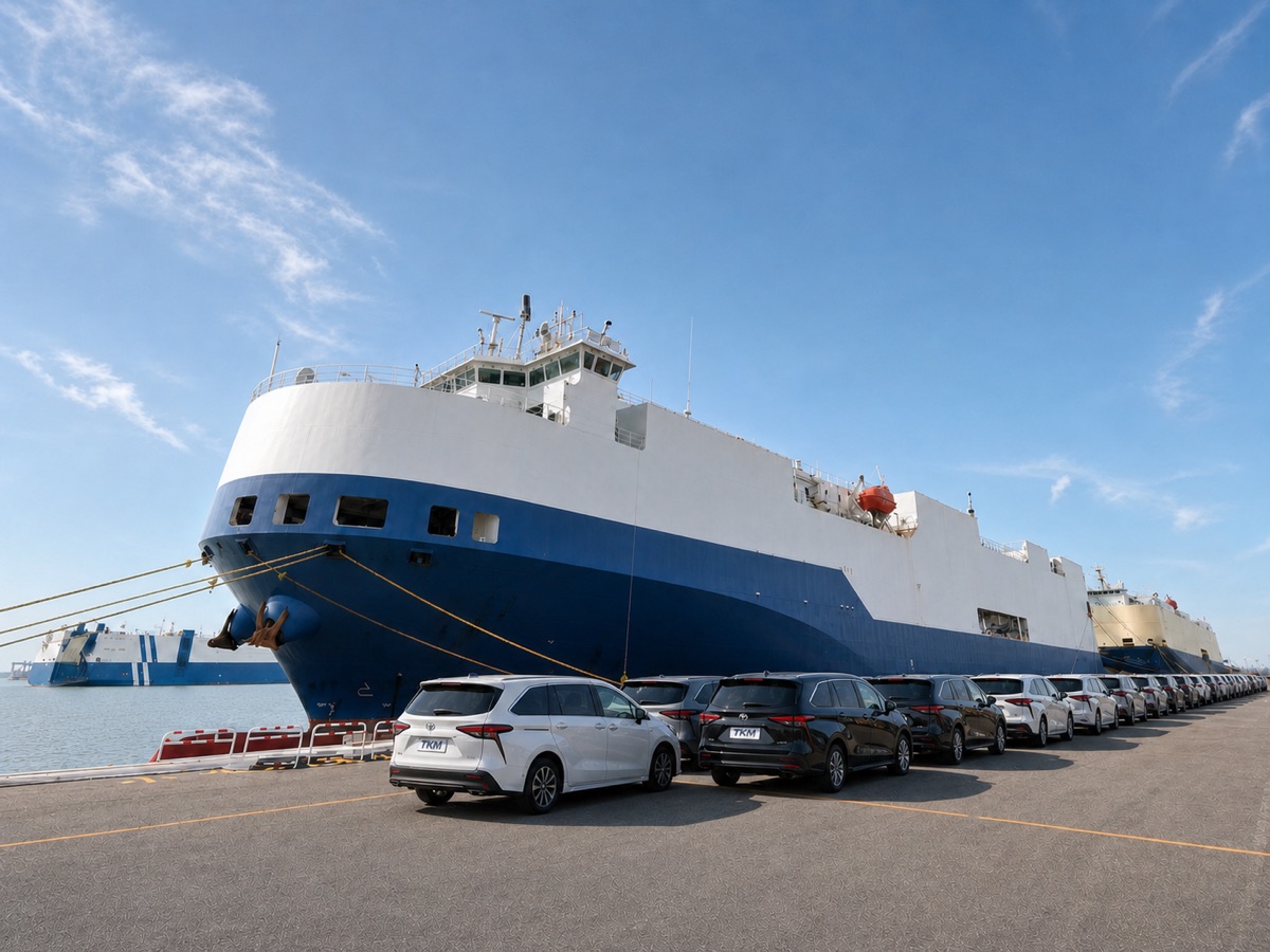 RoRo vessel with vehicles arranged for vehicle transport.