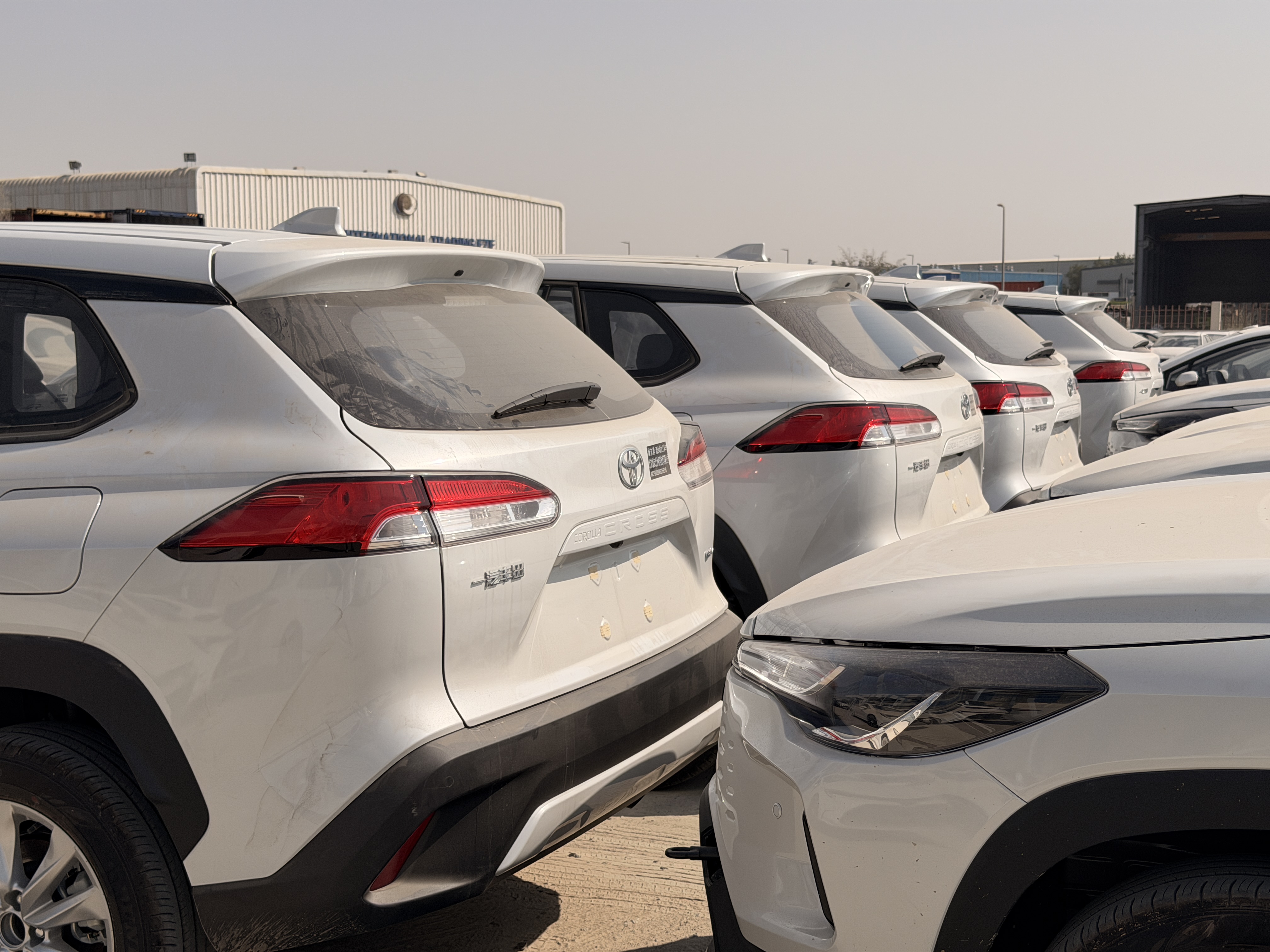 Rear views of white Toyota Corolla Cross SUVs parked closely in an outdoor yard