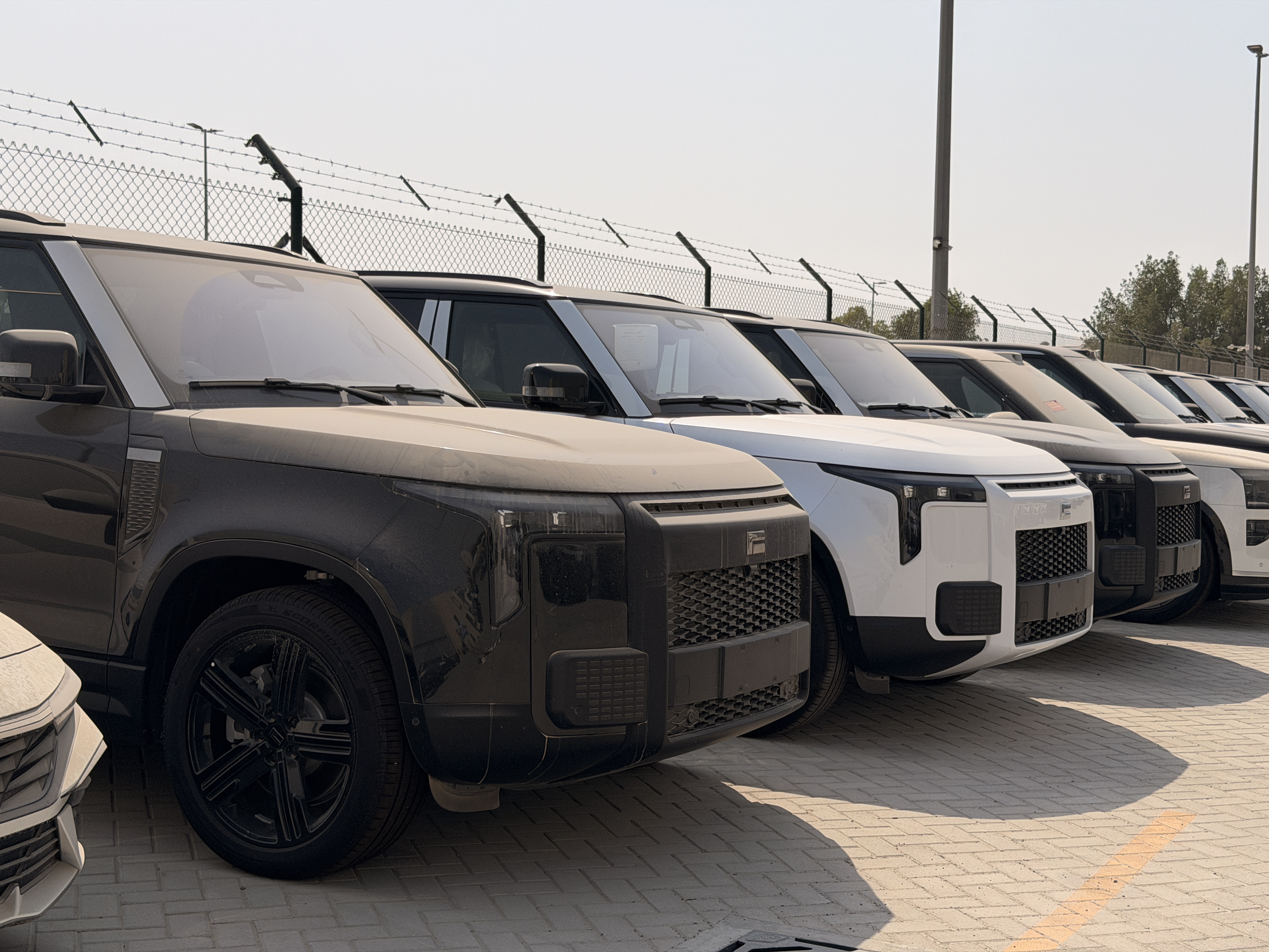 Multiple ROX 01 SUVs parked in rows in an outdoor vehicle yard
